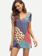 Shein Multicolor Print V Neck Short Sleeve Shift Dress