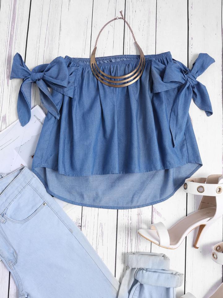 Shein Off Shoulder Bow Tie Dip Hem Chambray Blouse
