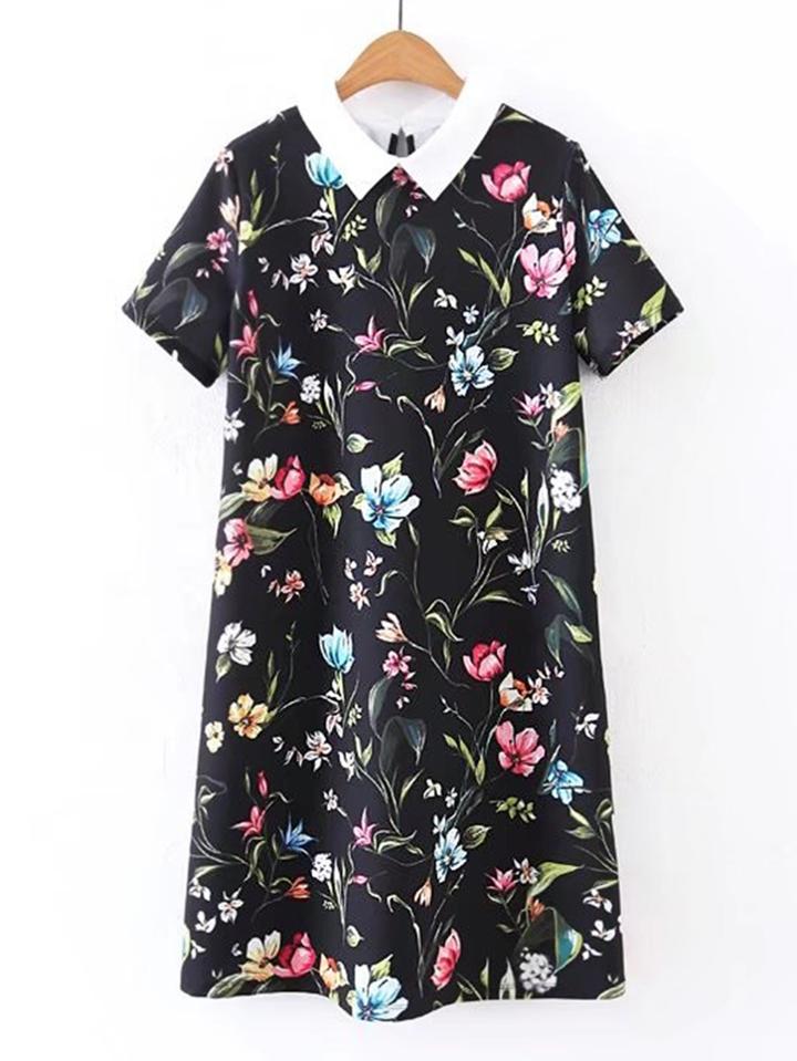 Shein Contrast Collar Flower Print Dress