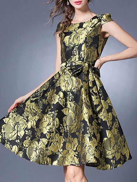 Shein Gold Tie-waist Jacquard A-line Dress