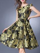 Shein Gold Tie-waist Jacquard A-line Dress