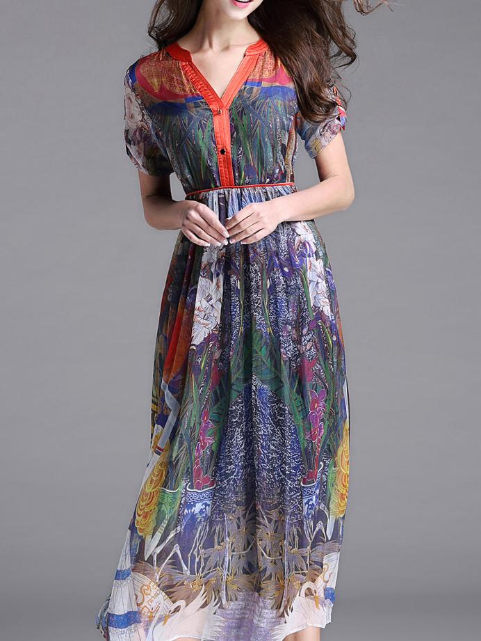 Shein Multicolor V Neck Print Silk Dress