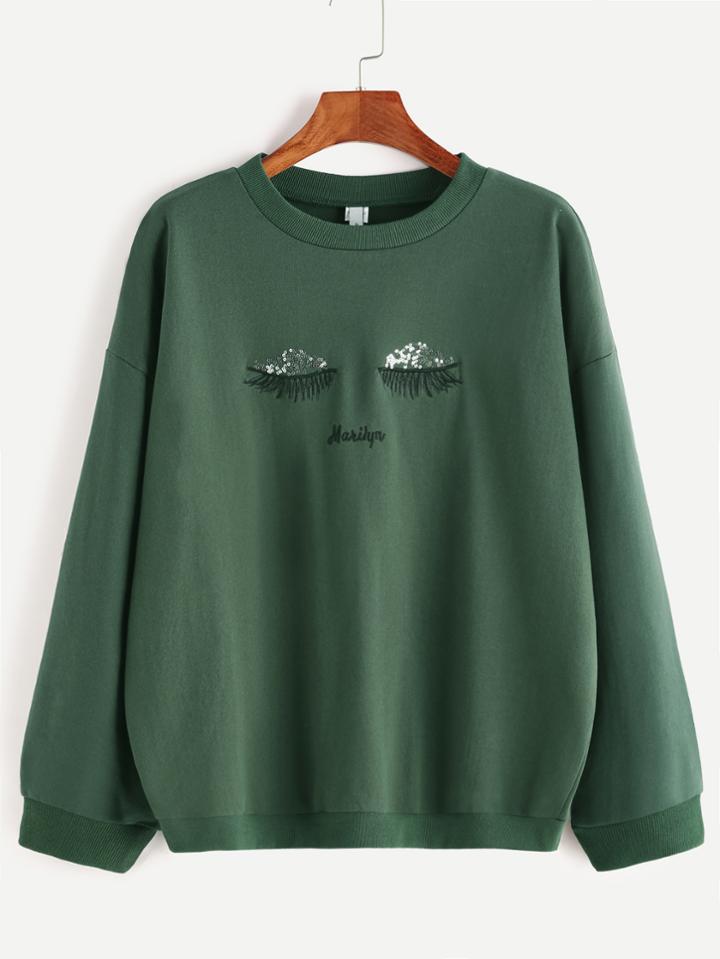 Shein Dark Green Ribbed Trim Sequin Embroidered Sweatshirt