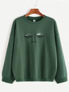 Shein Dark Green Ribbed Trim Sequin Embroidered Sweatshirt
