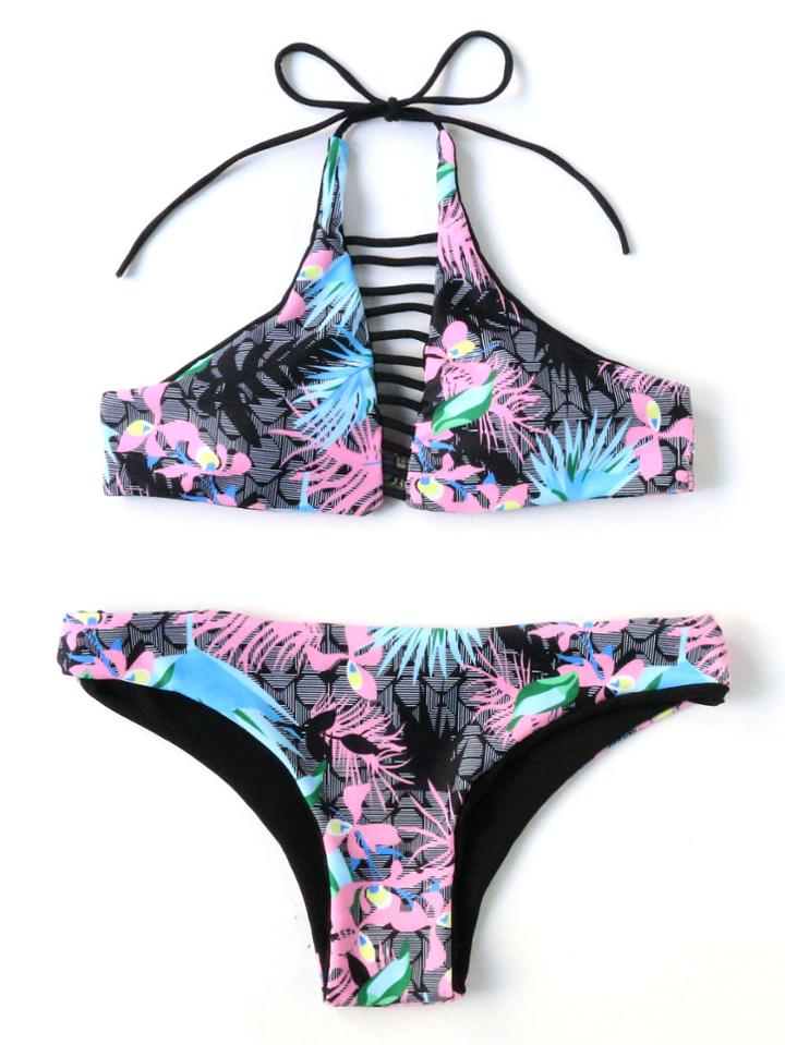 Shein Black Floral Ladder Cutout Bikini Set