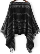 Shein Black Tribal Pattern Boat Neck Fringe Poncho Sweater