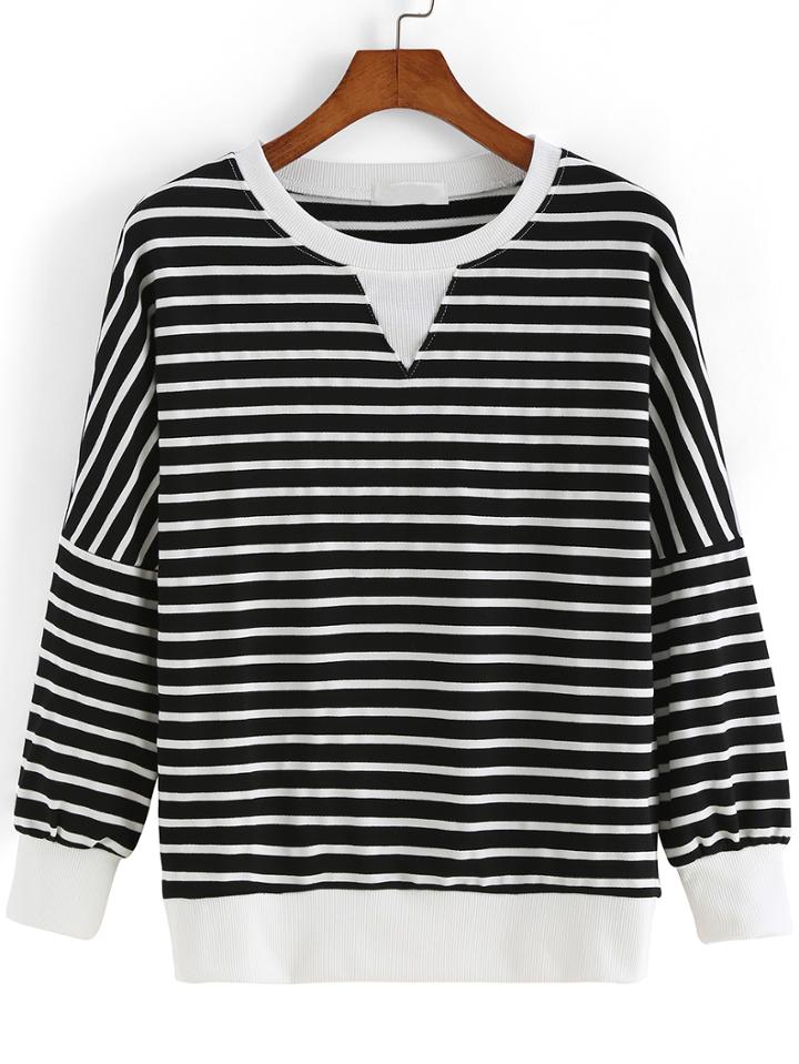 Shein Black White Round Neck Striped T-shirt