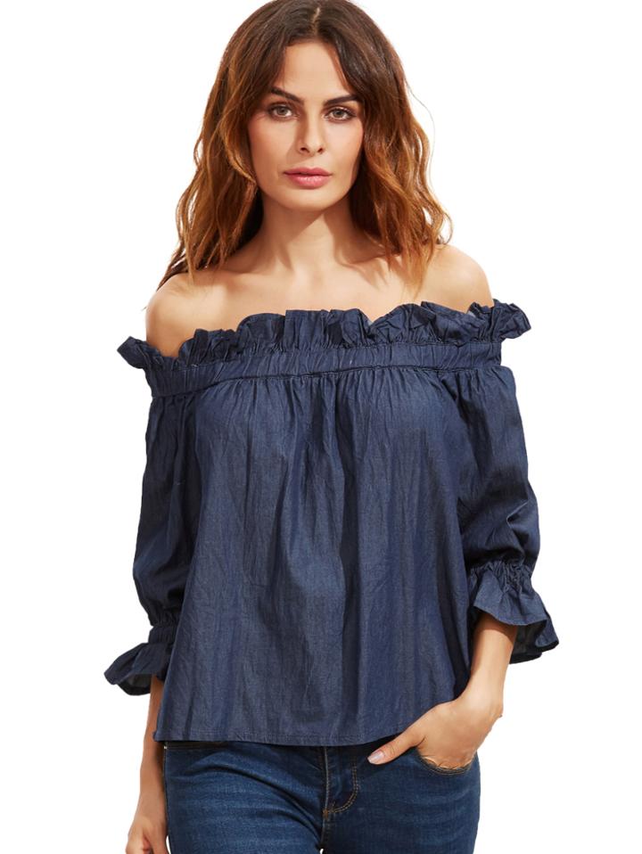 Shein Blue Black Off The Shoulder Ruffle Half Sleeve Blouse