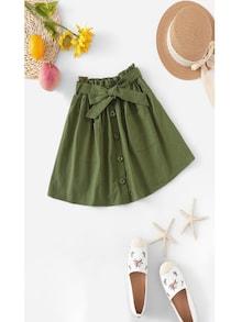 Shein Girls Pocket & Button Up Waist Belted Skirt