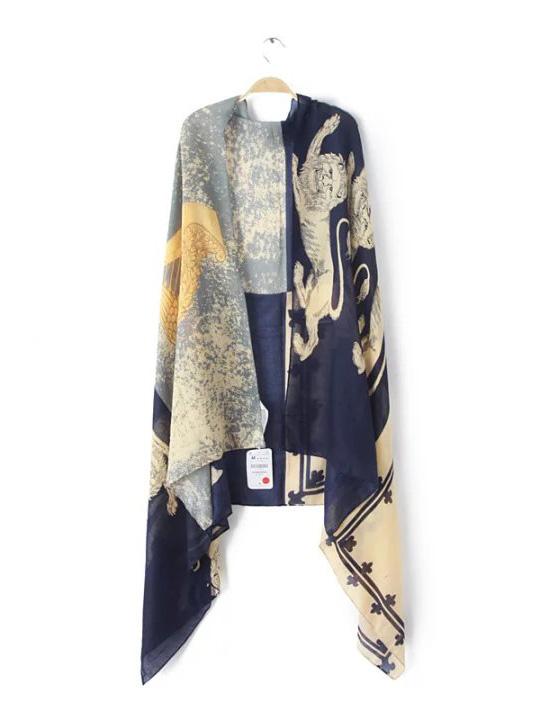 Shein Navy Patchwork Print Voile Shawl Scarf