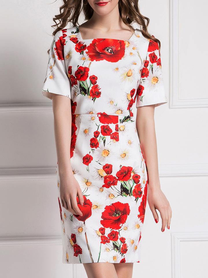 Shein White Boat Neck Shift Print Dress