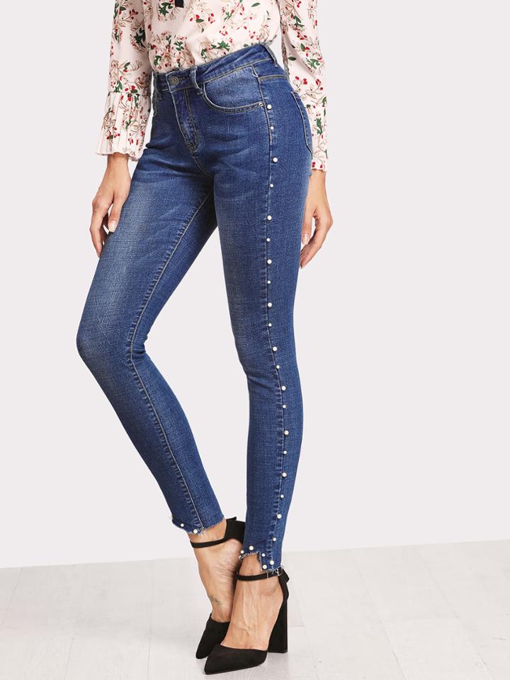 Shein Pearl Beaded Raw Hem Skinny Jeans