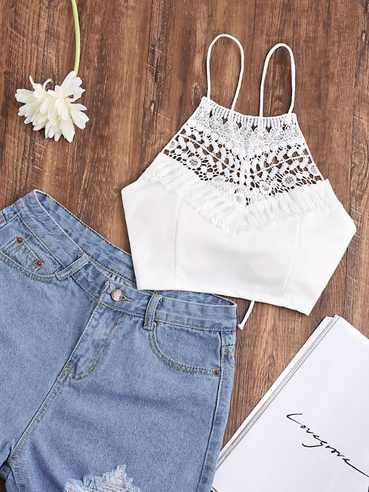 Shein Lace Up Back Contrast Lace Cami Top