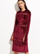 Shein Burgundy Eyelet Crochet Insert Slit Cuff Velvet Dress