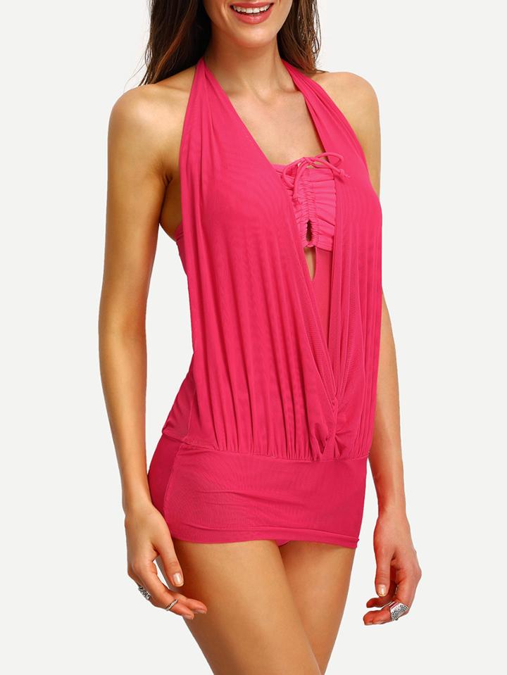 Shein Halter Drape Mesh Lace-up One-piece Swimwear