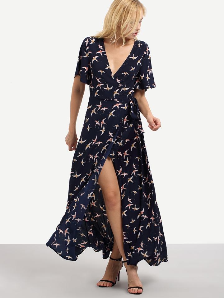 Shein Colorful V-cut Birds Print Split Long Dress