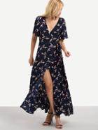Shein Colorful V-cut Birds Print Split Long Dress
