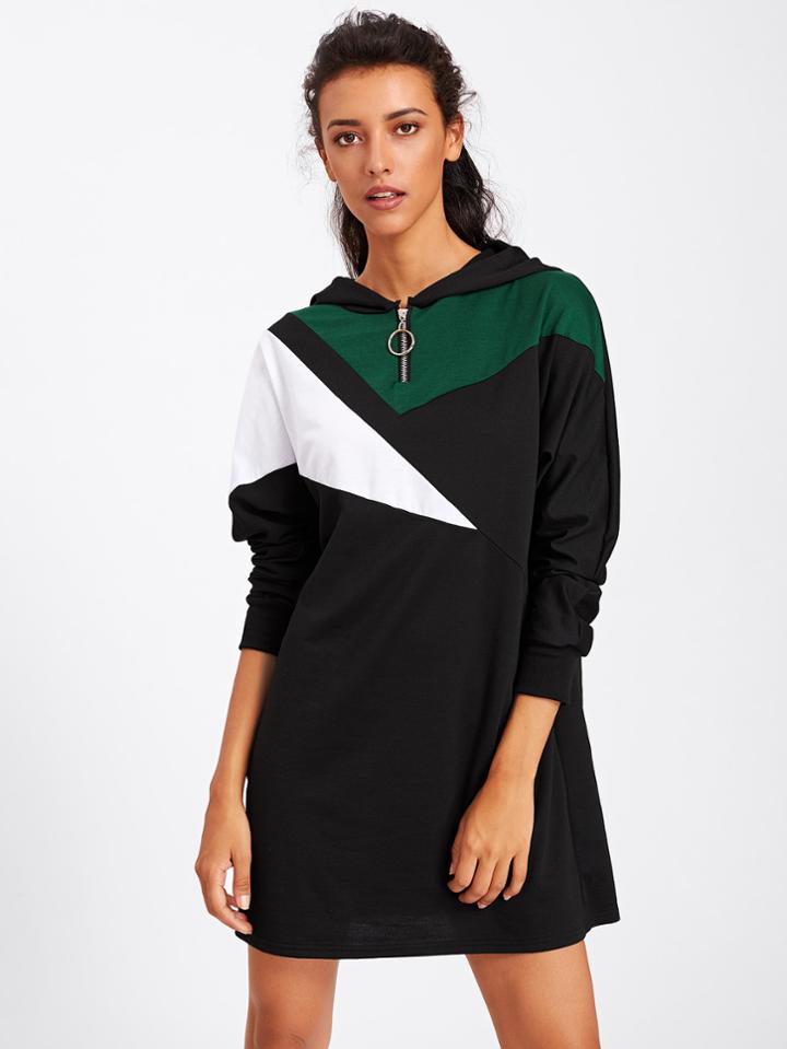 Shein Contrast Panel Zip Detail Hoodie Dress