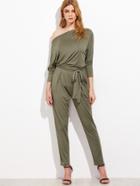 Shein Olive Green Asymmetric Shoulder Belted Tapered Jumpsuit