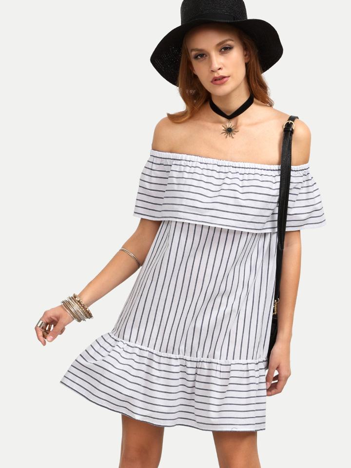 Shein Grey Striped Ruffle Off The Shoulder Dress