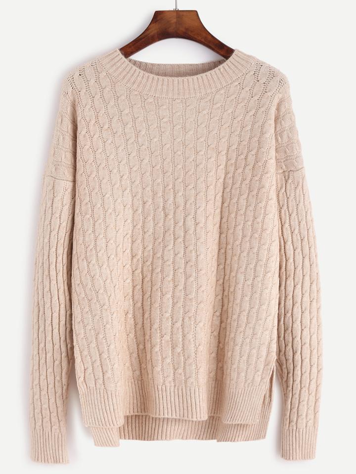 Shein Apricot Slit Side High Low Cable Knit Sweater