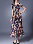 Shein Navy Flowers Print Belted Maxi Dress