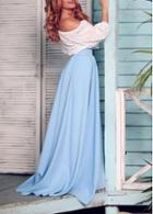 Rosewe Mid Waist Pleated Light Blue Long Skirt