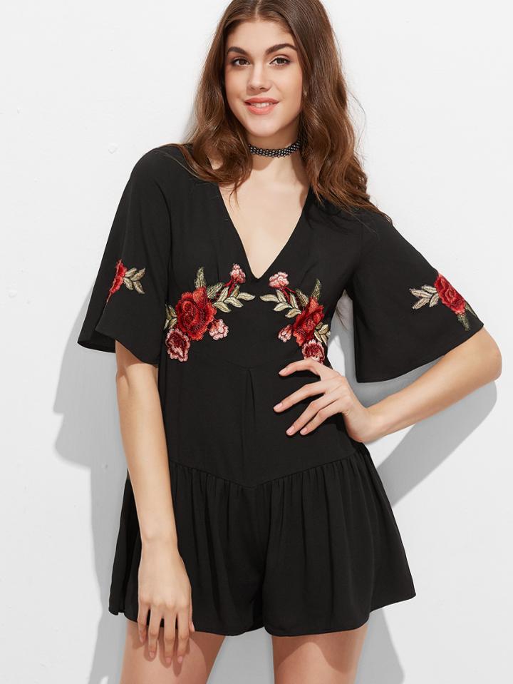 Shein Black Embroidered Rose Applique Bell Sleeve Drop Waist Romper