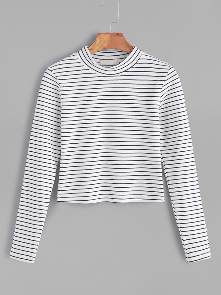 Shein White Mock Neck Striped T-shirt