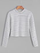 Shein White Mock Neck Striped T-shirt