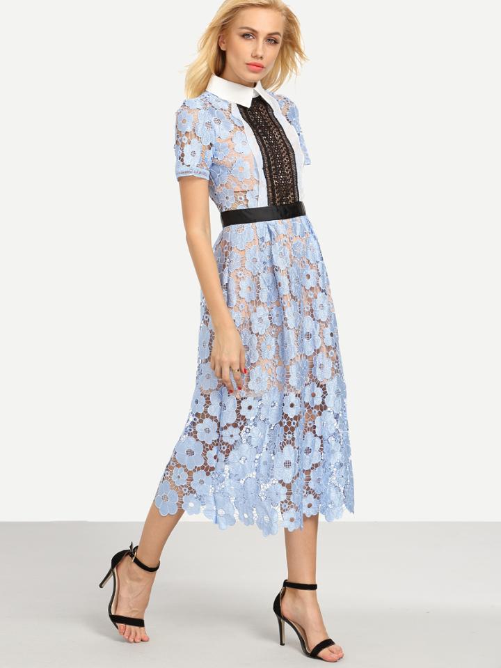 Shein Pointed Collar Flower Lace Overlay Dress - Blue