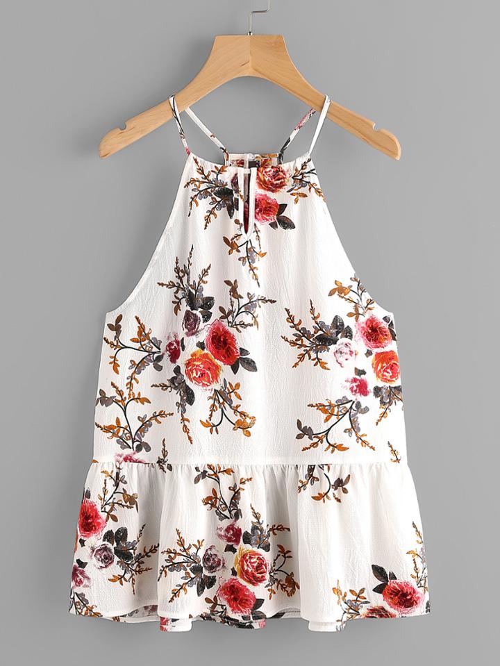 Shein Flower Print Ruffle Hem Keyhole Racer Cami Top