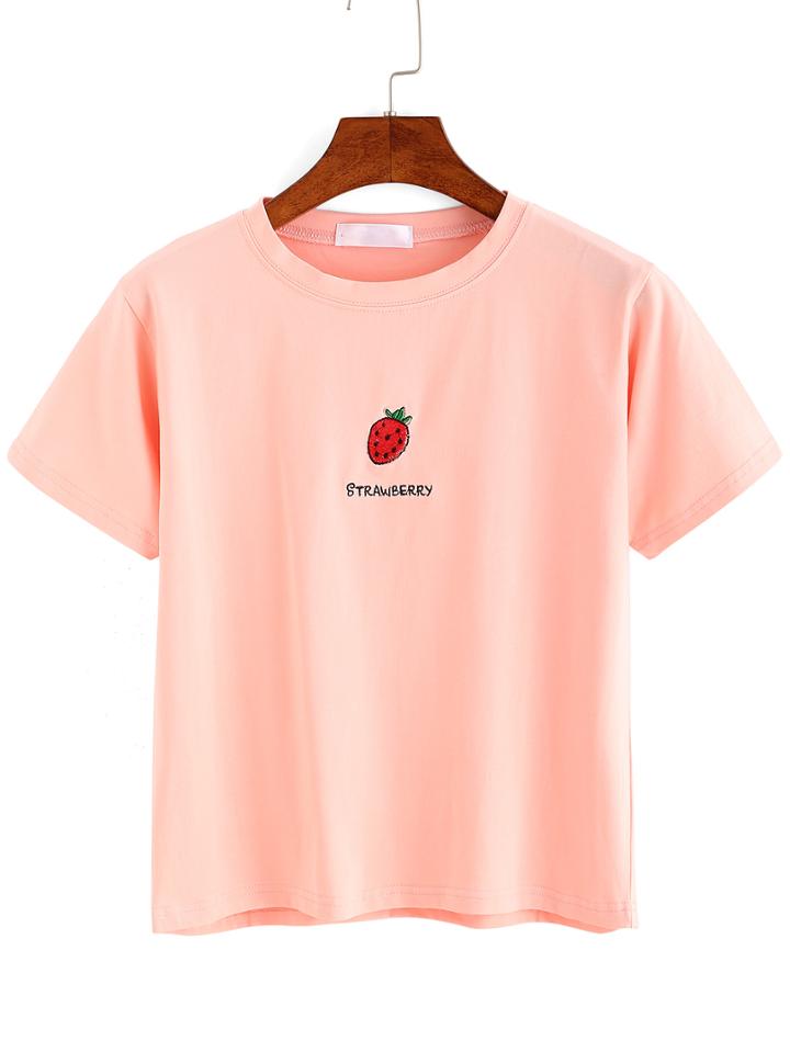 Shein Strawberry Embroidered T-shirt