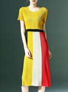 Shein Yellow Color Block Pleated Elastic Shift Dress