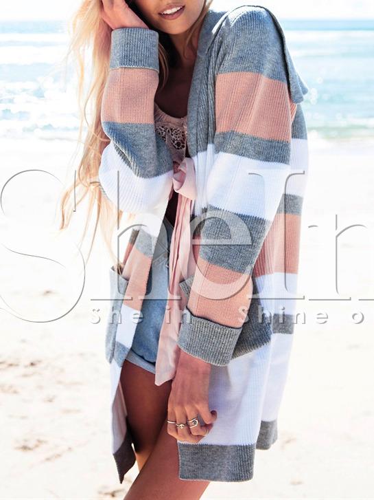 Shein Grey Color Block Capelet Pockets Cardigan