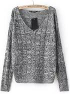 Shein Grey V-neck Dropped Shoulder Long Sleeve Sweater