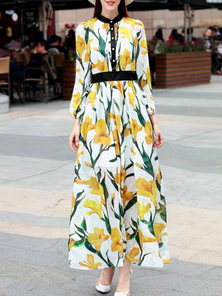 Shein White Crew Neck Flowers Print Maxi Dress