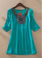 Rosewe Turquoise Scoop Embroidery Decorated Blouse