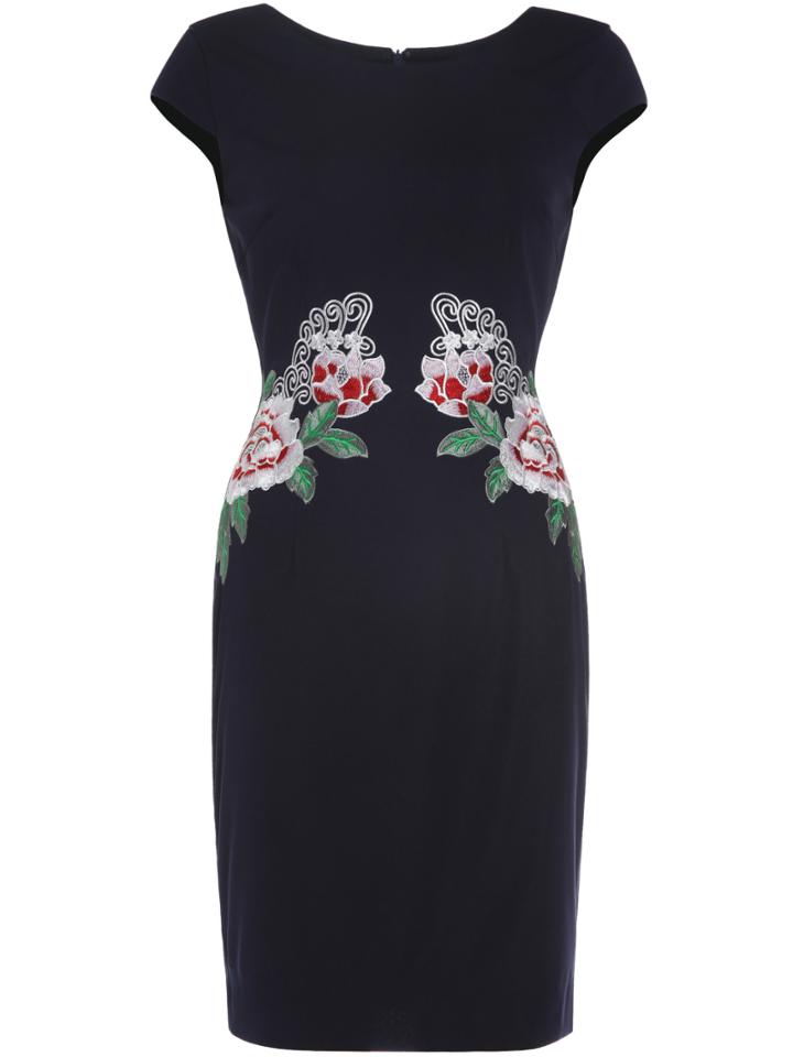 Shein Black Cap Sleeve Embroidered Sheath Dress