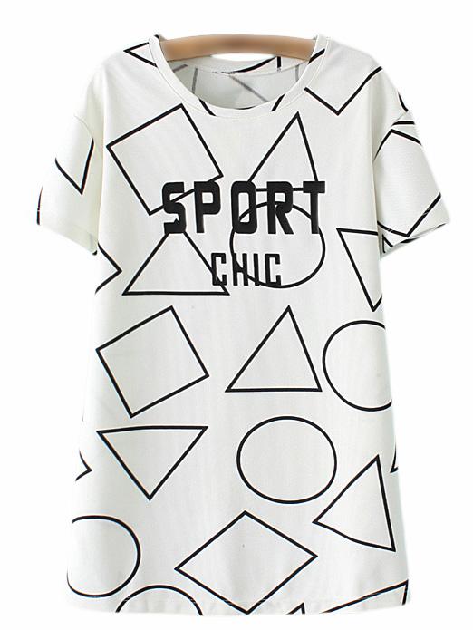 Shein Black White Short Sleeve Letter Geometric Print Blouse