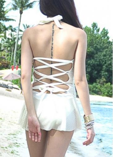 Rosewe White Lace Up Halter Neck Summer Swimdress