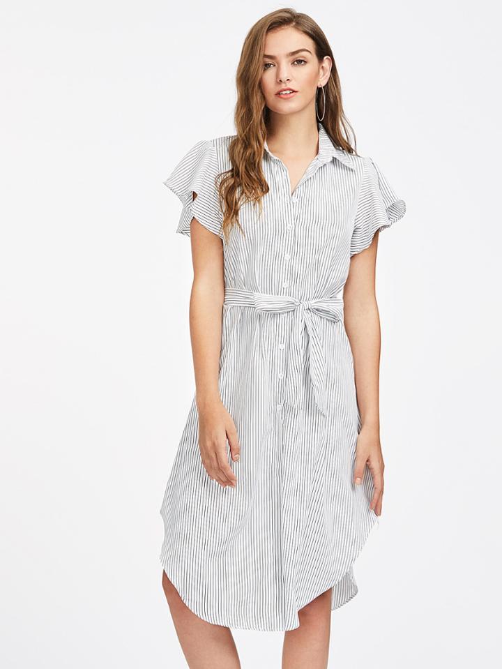 Shein Vertical Striped Curved Hem Shirt Dress