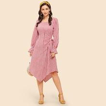 Shein Square Neck Zip Back Gingham Dress