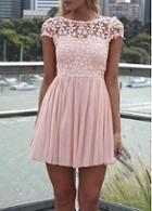 Rosewe Sweet Round Neck Cap Sleeve Open Back Dress Pink