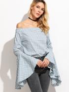Shein Blue Gingham Oversized Bell Sleeve Off The Shoulder Top