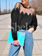 Shein Black Contrast Mesh Crew Neck Sweatshirt