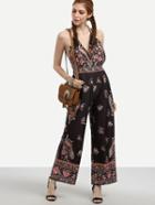 Shein Black Flower Print Halter Neck Backless Jumpsuit