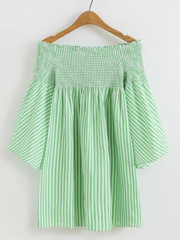 Shein Boat Neckline Shirred Vertical Striped Dress