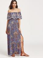 Shein Vintage Print Off Shoulder Frill Slit Dress