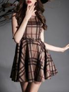 Shein Coffee Checkered Boat Neck Belted Skater Dress